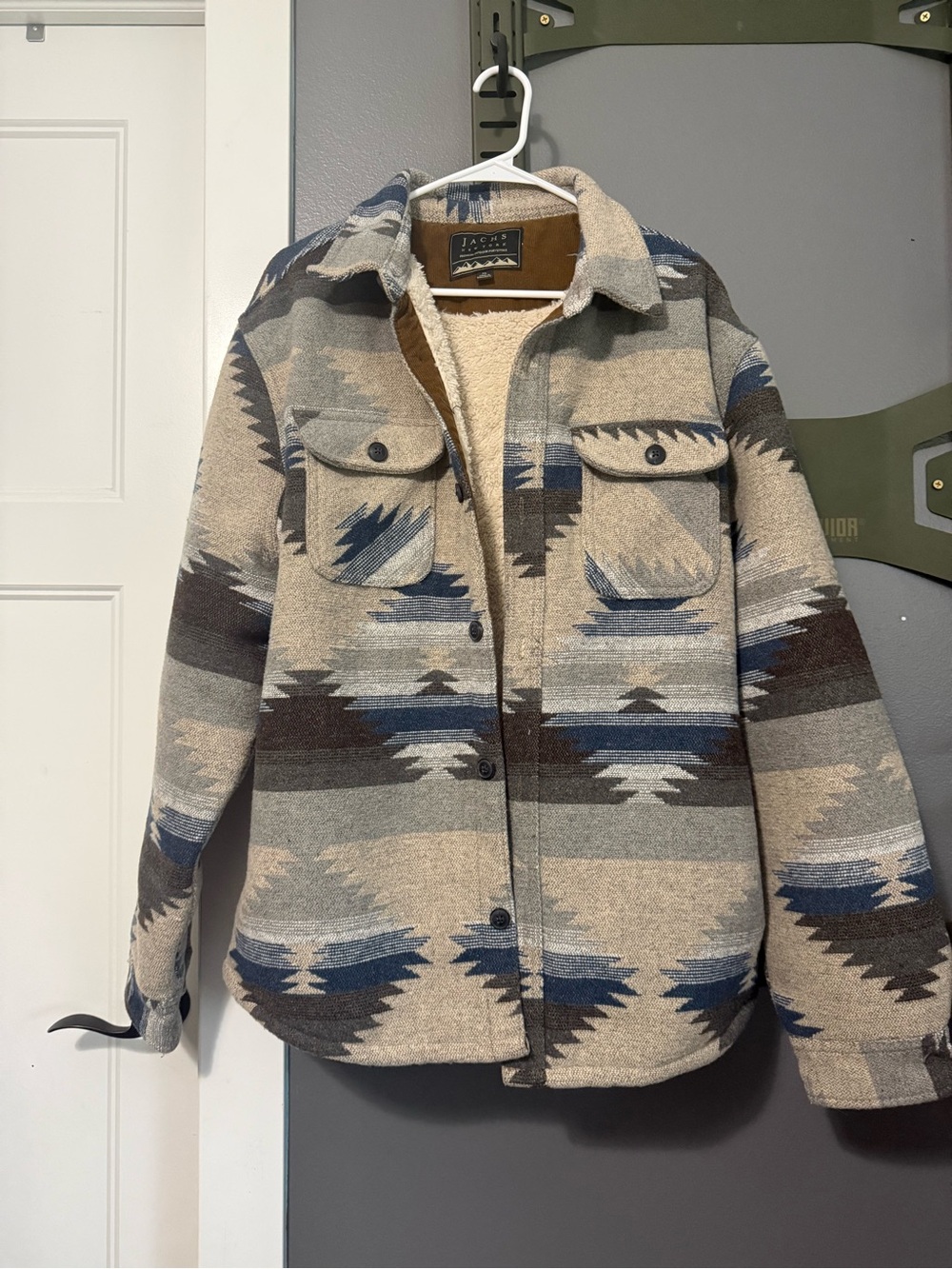 Jachs Beige, Blue & Brown Patterned Sherpa-Lined Shirt Jacket